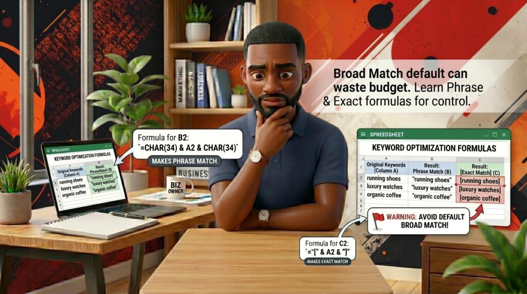 Image illustrating Google Ads keyword match types, contrasting the budget-draining mechanics of Broad Match defaults against the precision of Phrase and Exact Match spreadsheet formulas. Marketing strategies for Memphis Business owners.