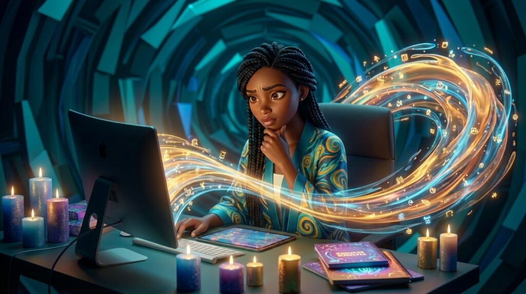3-d character named Ryta sitting at her computer pondering how to get her small business found. She sells candles and is considering creating a localized content strategy geo-targeted to people in Whitehaven, South Memphis, Frayser, Cordova, and other areas.