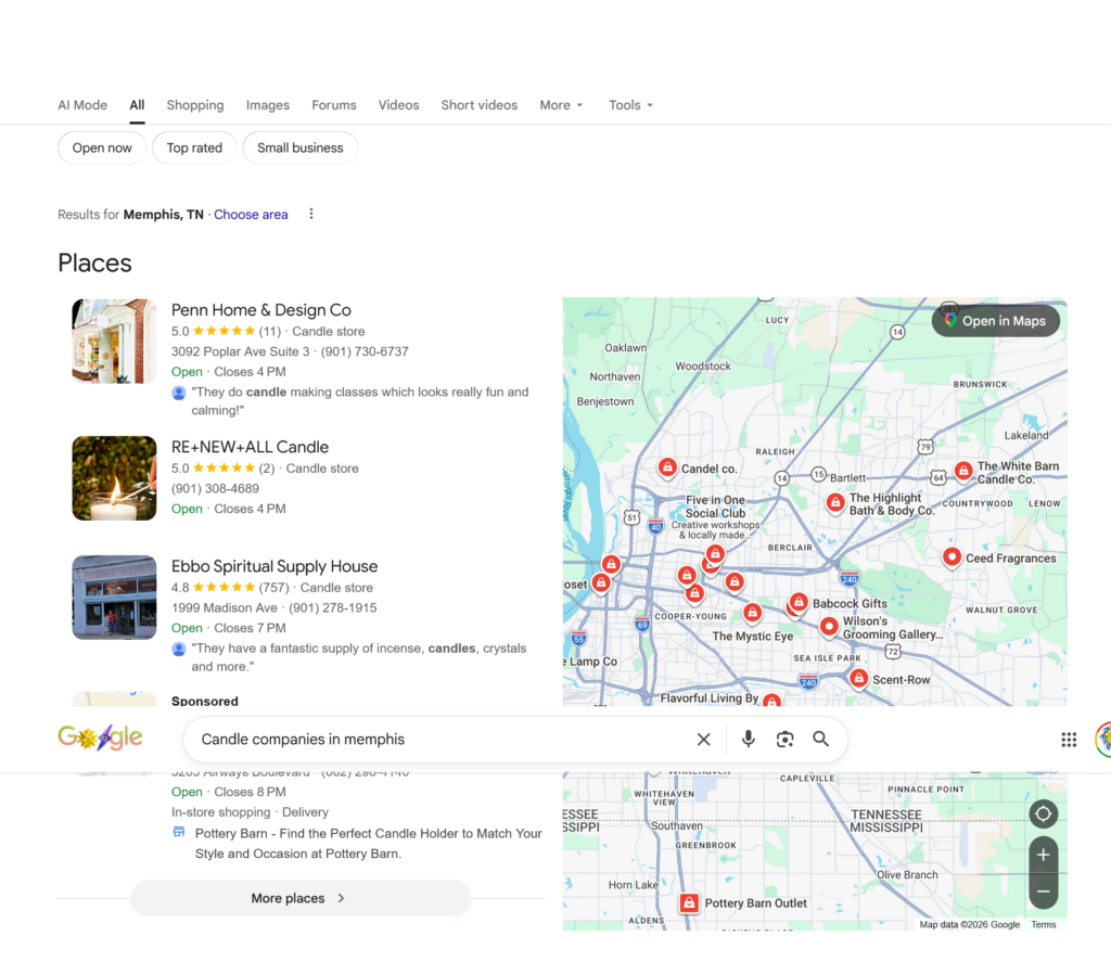 Google Business Profiles in Google Search Local Pack - shows what the local SERP page looks like and what businesses currently rank for keyword candle companies in memphis