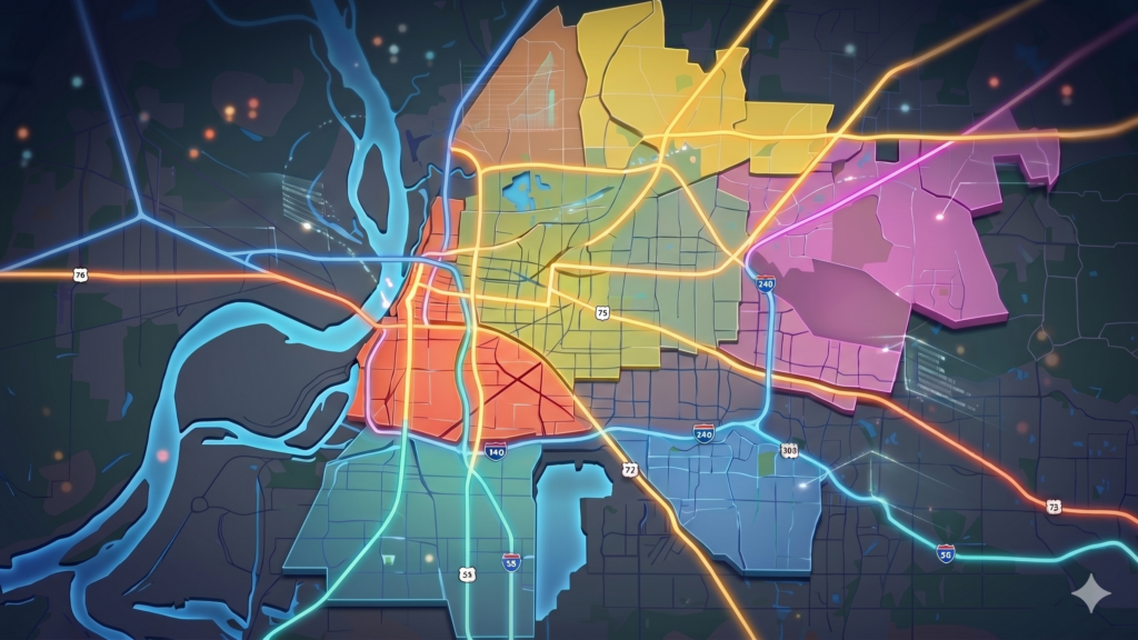 3-d area map of Memphis showing localized neighborhood zones - Whitehaven, South Memphis, East Memphis, Cordova, Raleigh areas. Used to show how localized seo can work to target specific areas to reach people who may want to purchase goods and services locally.