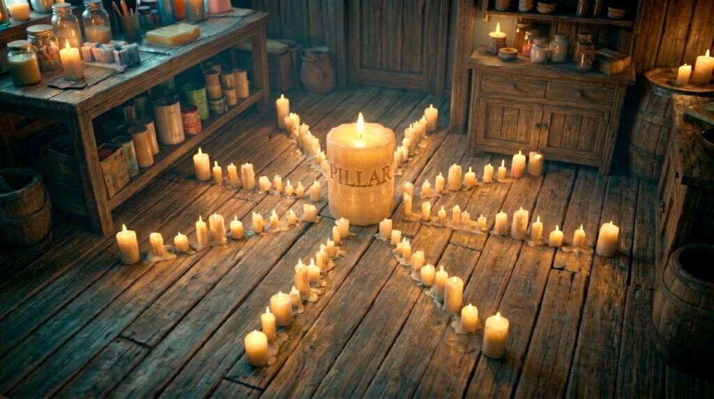 Image shows a pillar candle in the center fo other candles. This image represents the hub and spoke model of content marketing strategies. The model is used with local seo to create relevant content for potential buyers of candles in Memphis,TN.