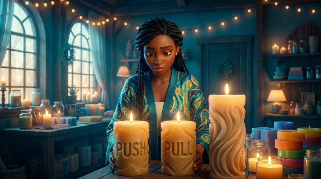 African American woman looking at two candles. One has push, which represents inbound marketing. The other candle says pull, which represents outbound marketing.